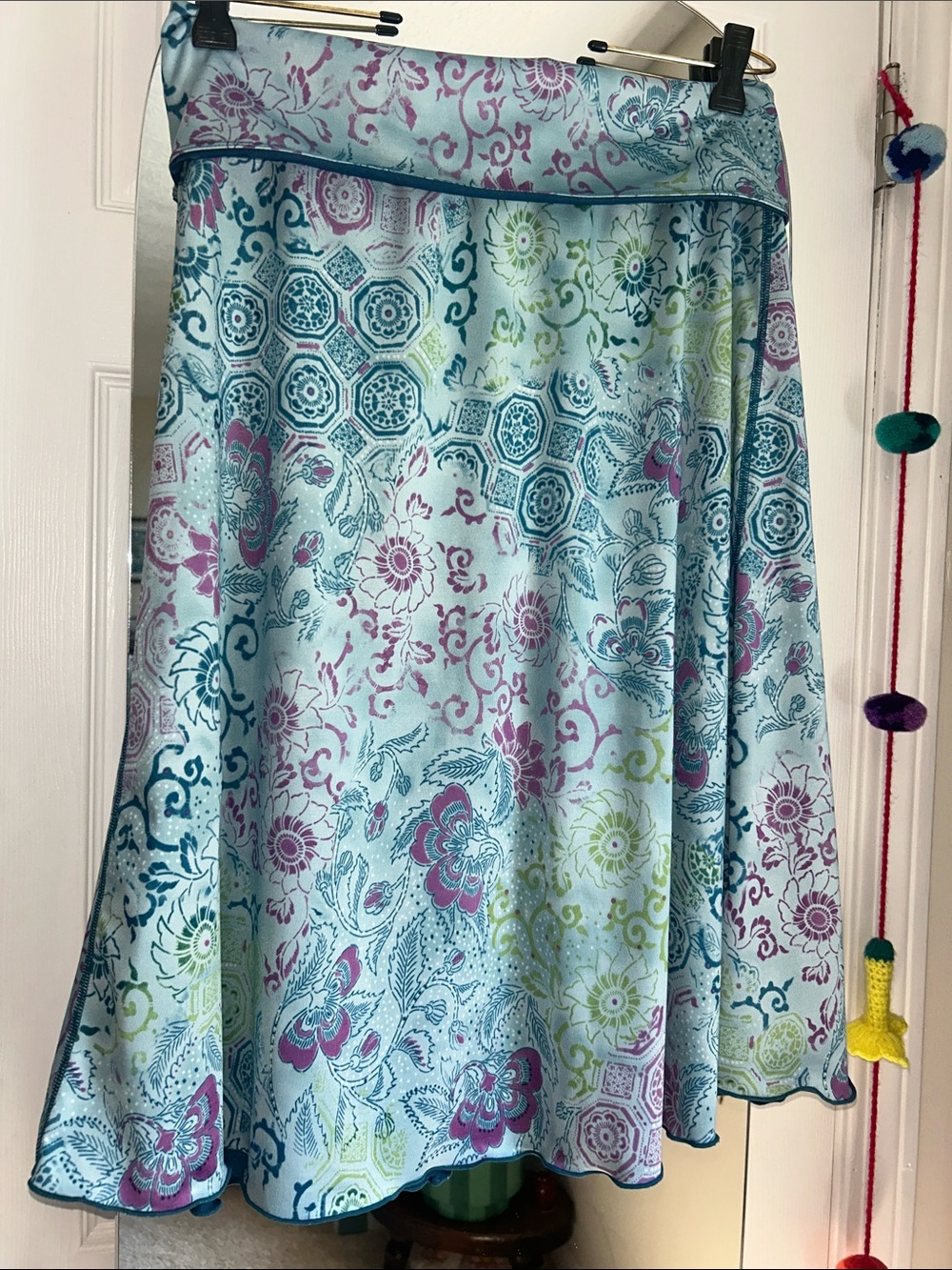 Title Nine Light Blue Floral Midi Skirt with Teal and Purple Accents